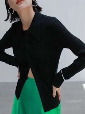 Black Ribbed Button-Front Sweater - Women